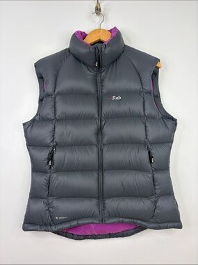 Rab Neutrino Vest Womens US Large UK 14 Gray Purple Goose Down Puffy Gilet